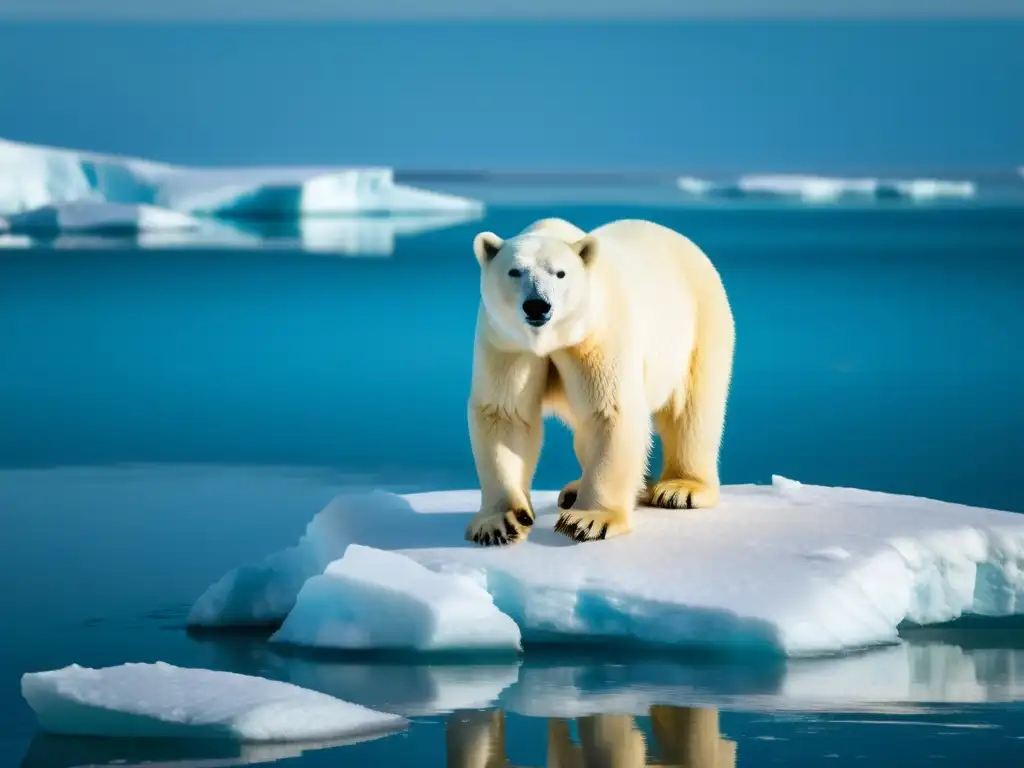 Un oso polar solitario de pie en un iceberg, rodeado de hielo derretido