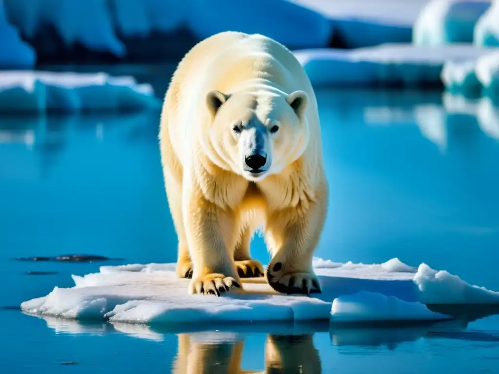 Un oso polar en un témpano de hielo derretido, reflejando la lucha y la belleza del paisaje ártico