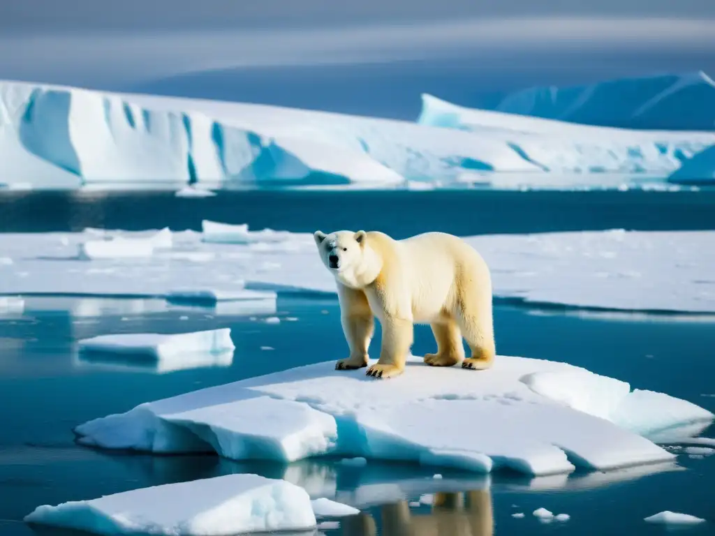 Un oso polar en desolación sobre un témpano de hielo derretido, reflejando el impacto del cambio climático en ecosistemas polares