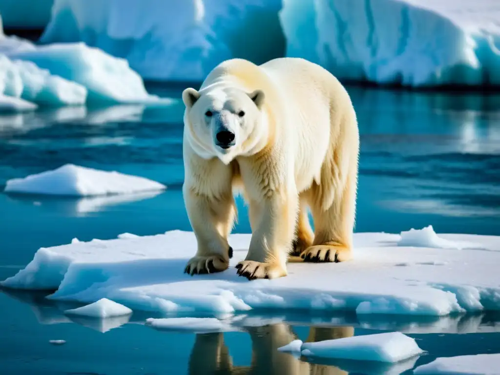 Un oso polar en un témpano de hielo derretido, reflejando la lucha por la supervivencia en un entorno cambiante