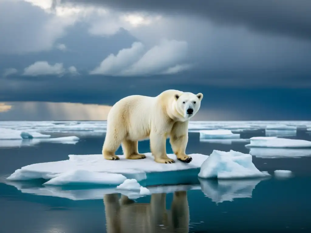 Un oso polar en un témpano de hielo derretido, rodeado de vastas aguas abiertas bajo un cielo nublado