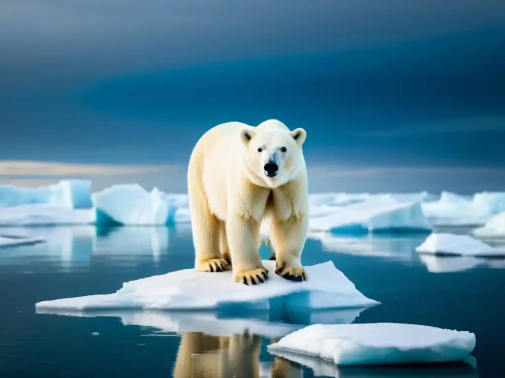 Un oso polar en un témpano de hielo derritiéndose en el océano Ártico