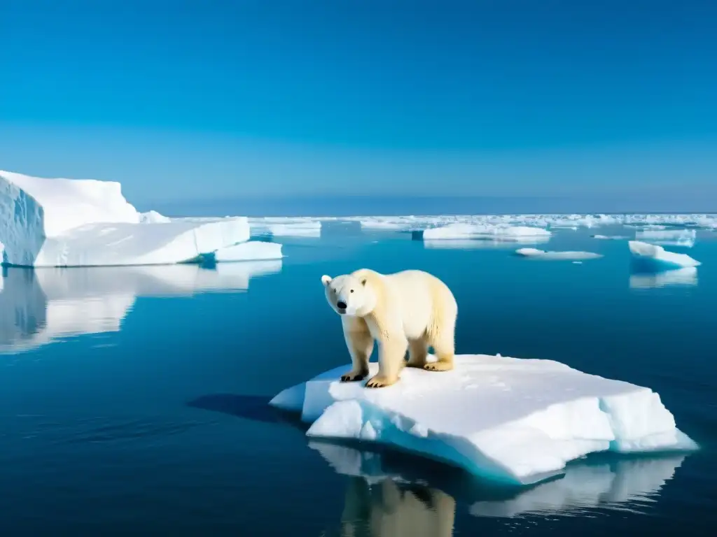 Un oso polar en un témpano de hielo derretido, reflejando la desesperación y vulnerabilidad