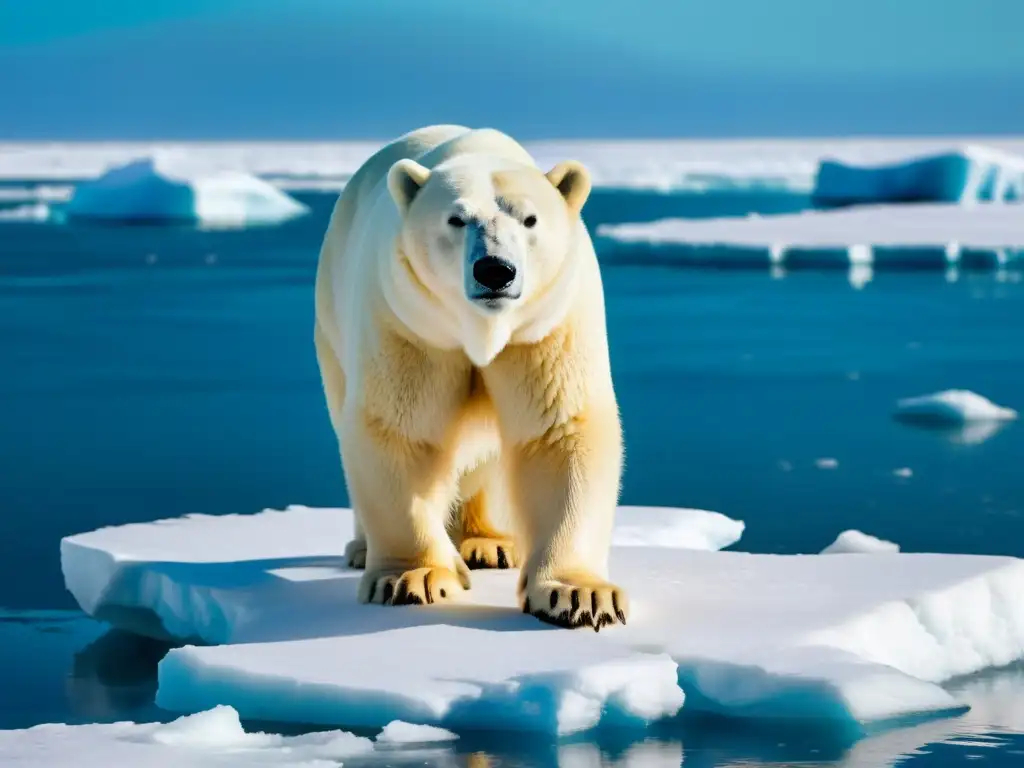 Un oso polar de cerca en un témpano de hielo, con su pelaje blanco reluciente al sol ártico