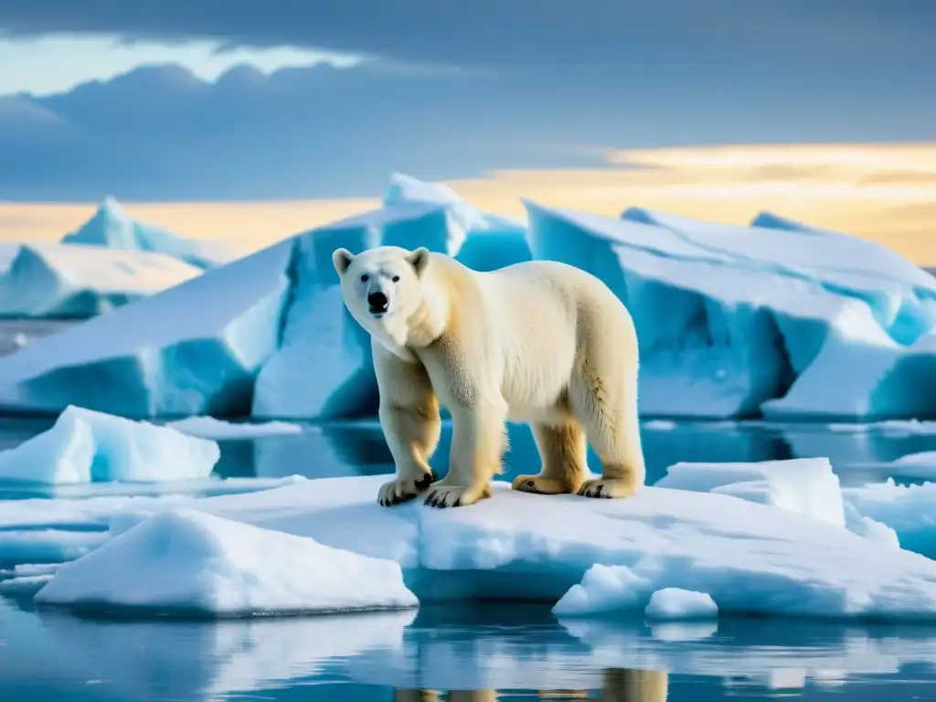 Un oso polar en un témpano de hielo derritiéndose, reflejando el impacto del cambio climático en ecosistemas marinos