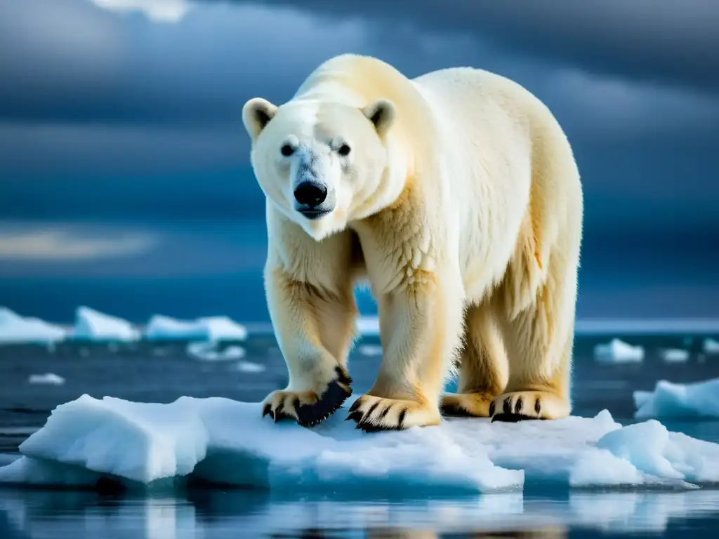 Urgencia en el Ártico: oso polar en peligro Un oso polar en un témpano de hielo derretido, con expresión preocupada