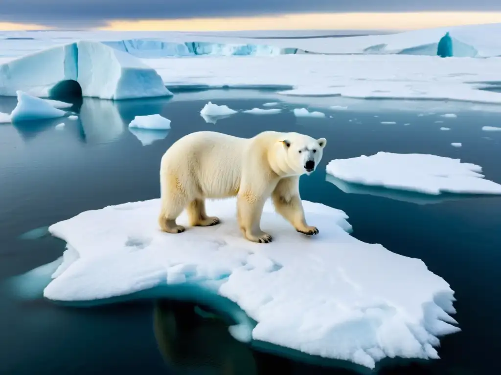 Un oso polar vulnerable luchando en hielo derretido, reflejando el riesgo del cambio climático en especies vulnerables