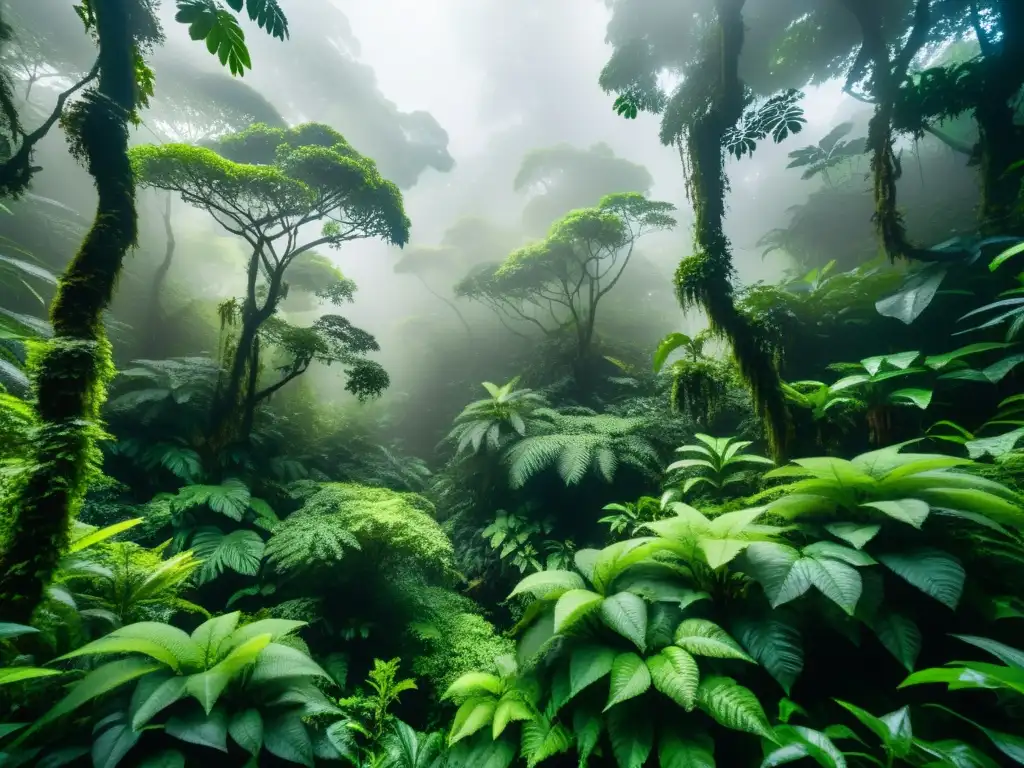 Un paisaje acústico de bosque nublado: exuberante vegetación, enredaderas y niebla etérea entre la luz y la sombra