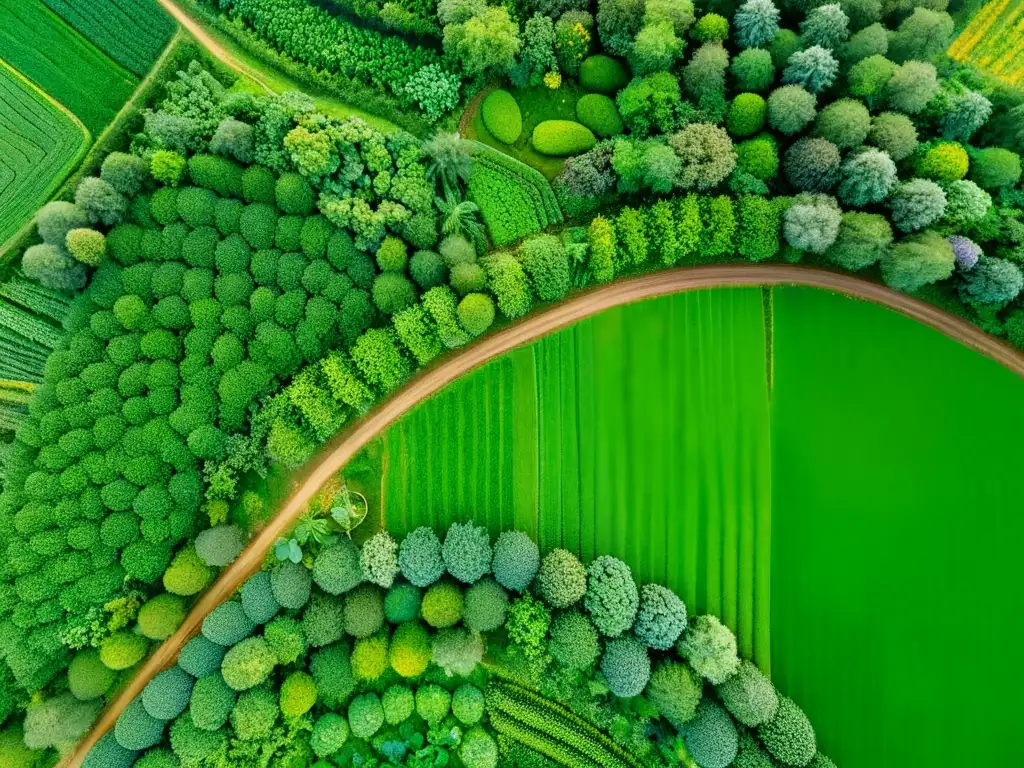 Un paisaje agroforestal diverso con integración armoniosa de árboles frutales, vegetales y plantas medicinales, senderos sinuosos y un arroyo