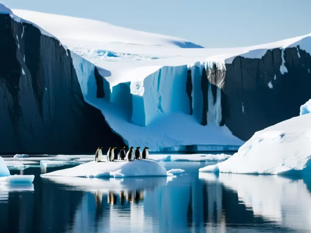 Un paisaje antártico majestuoso con icebergs, agua cristalina y pingüinos, resaltando la importancia del krill antártico en el ecosistema polar