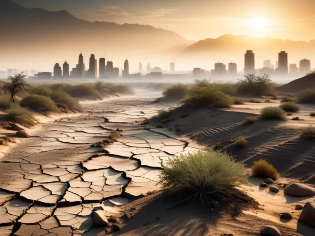 Un paisaje árido y agrietado bajo el sol abrasador ilustra los efectos del cambio climático en la salud, con plantas marchitas y lechos de ríos secos