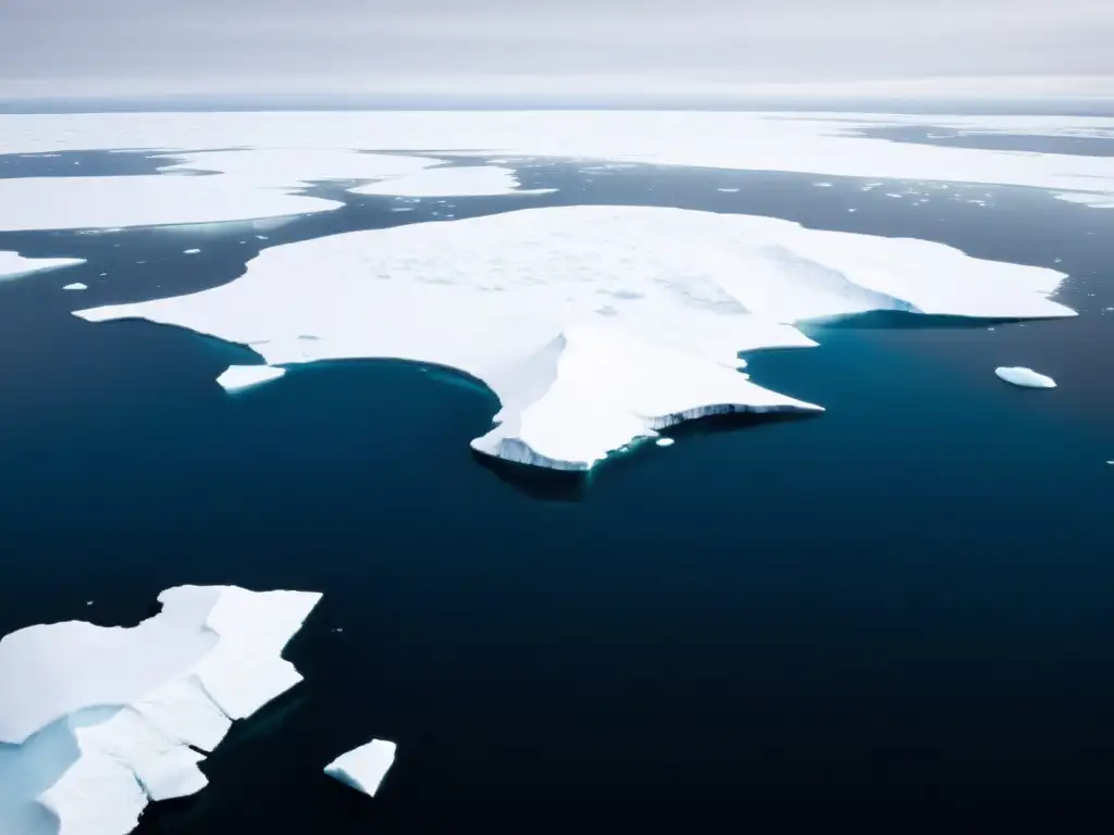 Un paisaje ártico impresionante y desolado con icebergs y hielo, destacando la conservación del hábitat del oso polar