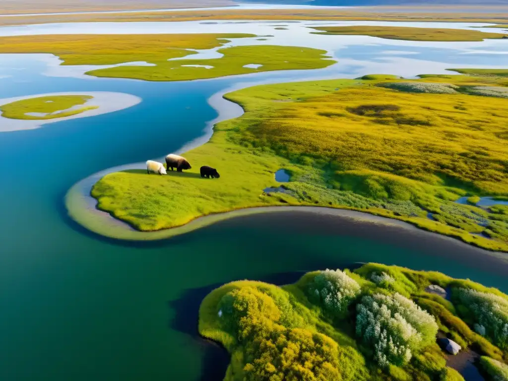 Un paisaje ártico impresionante, con muskoxen, un oso polar y humedales, destaca la importancia de los humedales árticos en el ciclo del agua