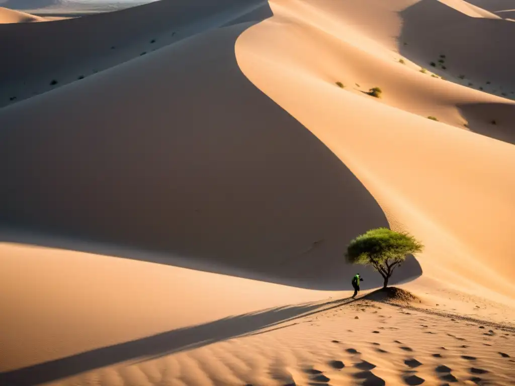 Un paisaje desértico árido y semiárido con un sol abrasador, donde se inicia un proyecto de reforestación