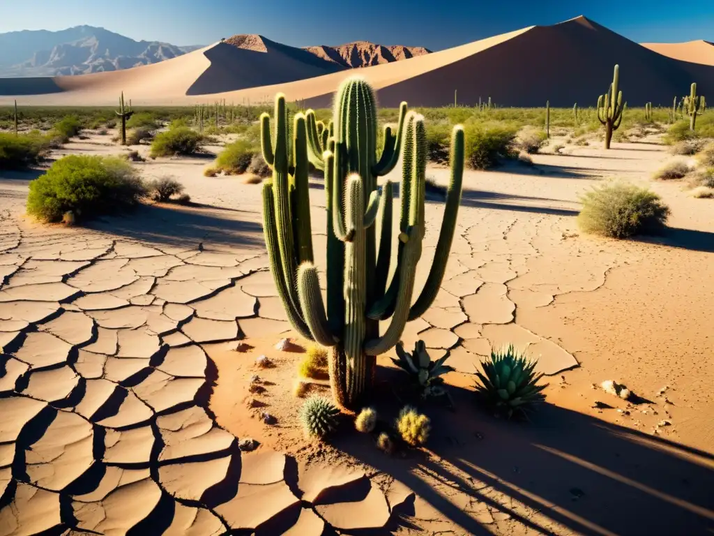 Un paisaje desértico desolado, con tierra agrietada y un sol intenso