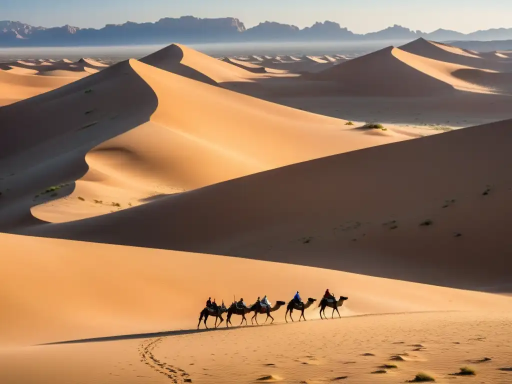Un paisaje desértico expansivo con dunas doradas, un sol abrasador y una caravana de camellos en el horizonte