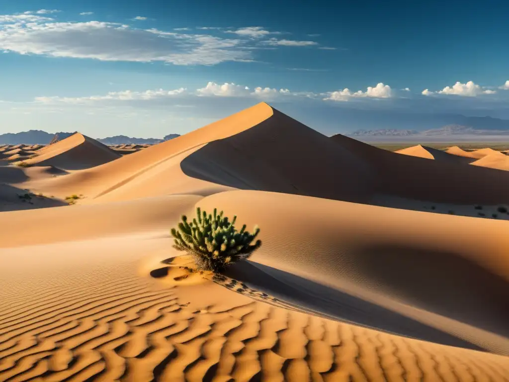 Un paisaje desértico impresionante y árido, con dunas doradas, un cactus solitario y un cielo azul