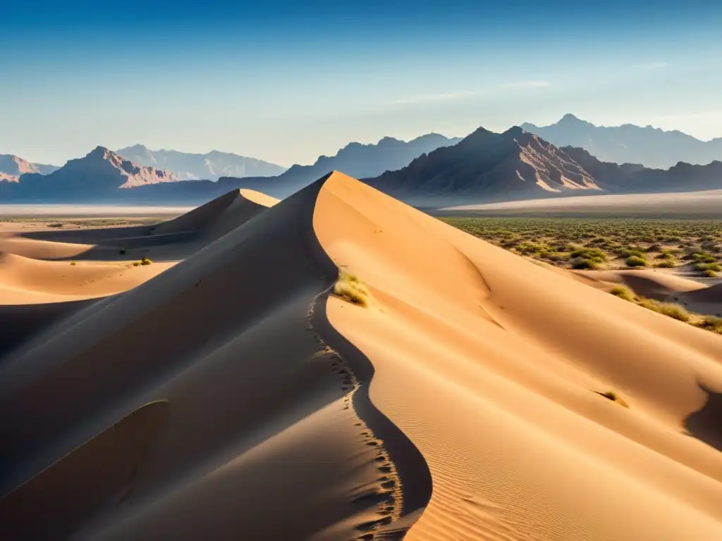 Un paisaje desértico impresionante, con dunas de arena, vegetación dispersa y un cielo azul