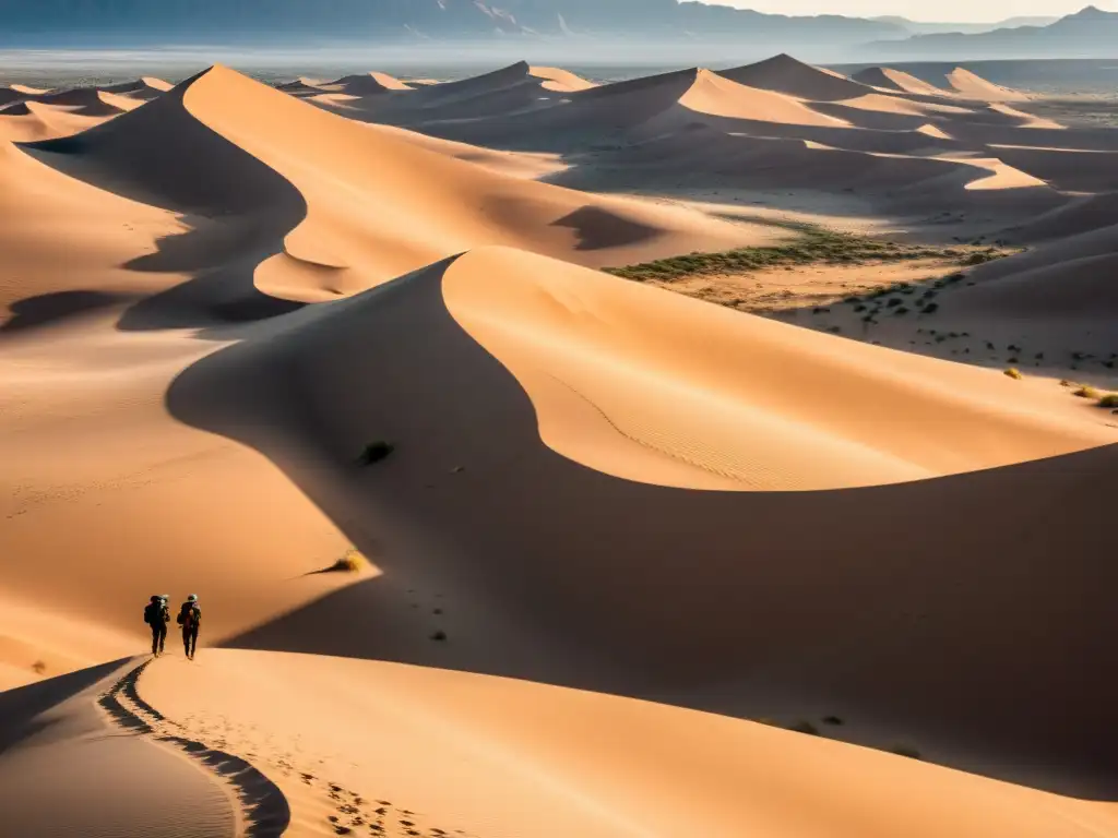 Un paisaje desértico impresionante con exploradores, transmitiendo la supervivencia en ecosistemas áridos