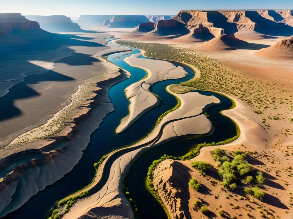 Un paisaje desértico con un lecho de río seco, vegetación dispersa y tierra agrietada, resaltando el impacto ecológico de los ríos efímeros