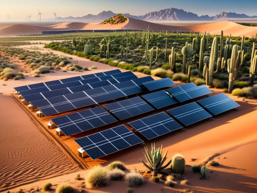 Un paisaje desértico con paneles solares y turbinas eólicas entre cactus y dunas de arena