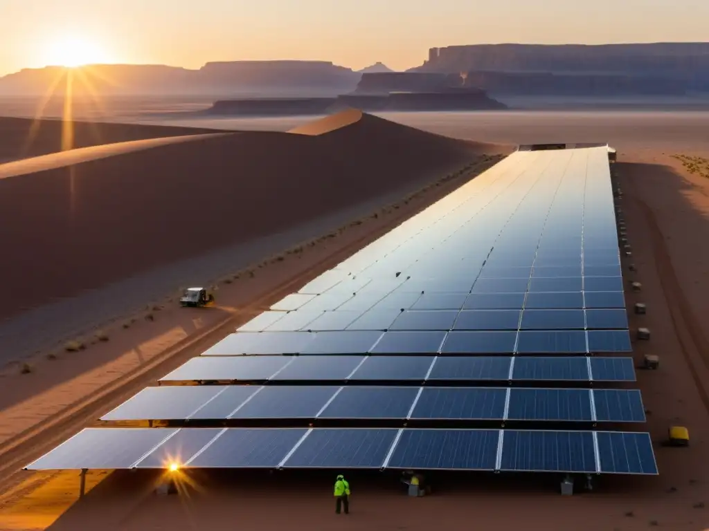 Un paisaje desértico con paneles solares de vanguardia, destacando la unión de tecnología y sostenibilidad en entornos desafiantes