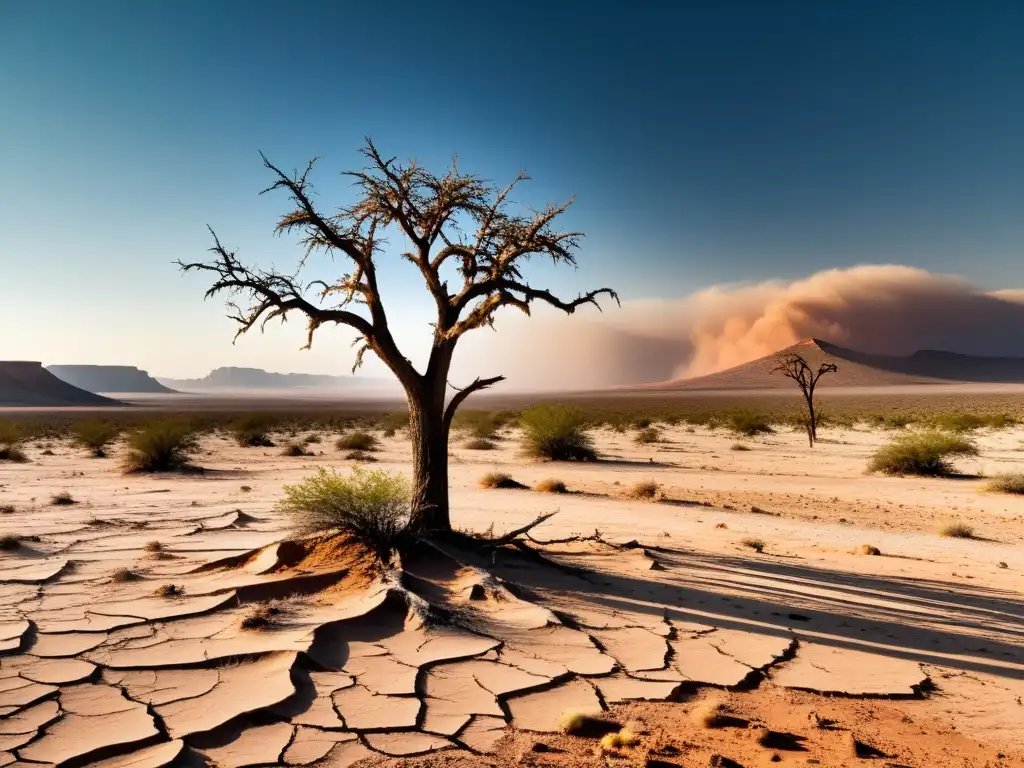 Un paisaje desértico vasto y árido, con tierra agrietada, vegetación dispersa y un cielo sin nubes que se extiende hasta el horizonte