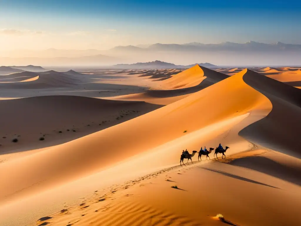 Un paisaje desértico vasto con dunas de arena, vegetación dispersa y una caravana de camellos a lo lejos