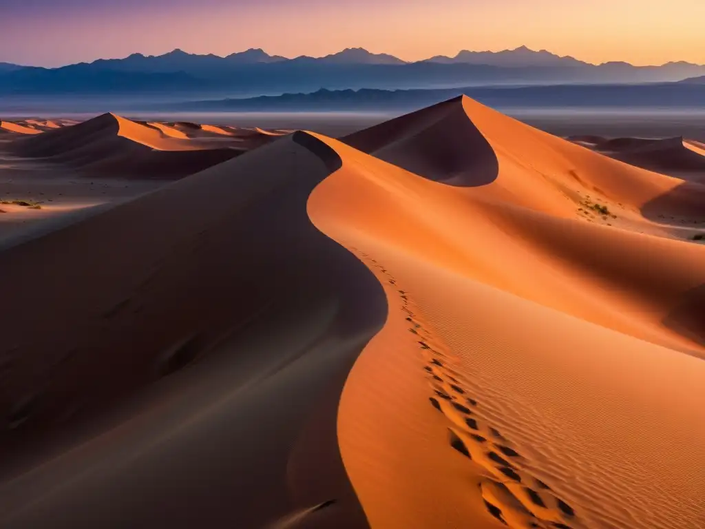 Un paisaje desértico vasto con dunas de arena, iluminado por el cálido resplandor del sol poniente