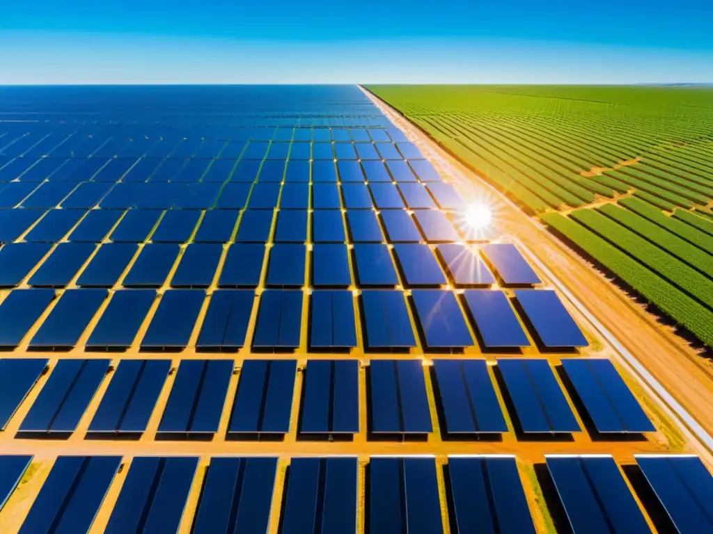 Un paisaje deslumbrante de una granja solar, con paneles relucientes captando la energía solar