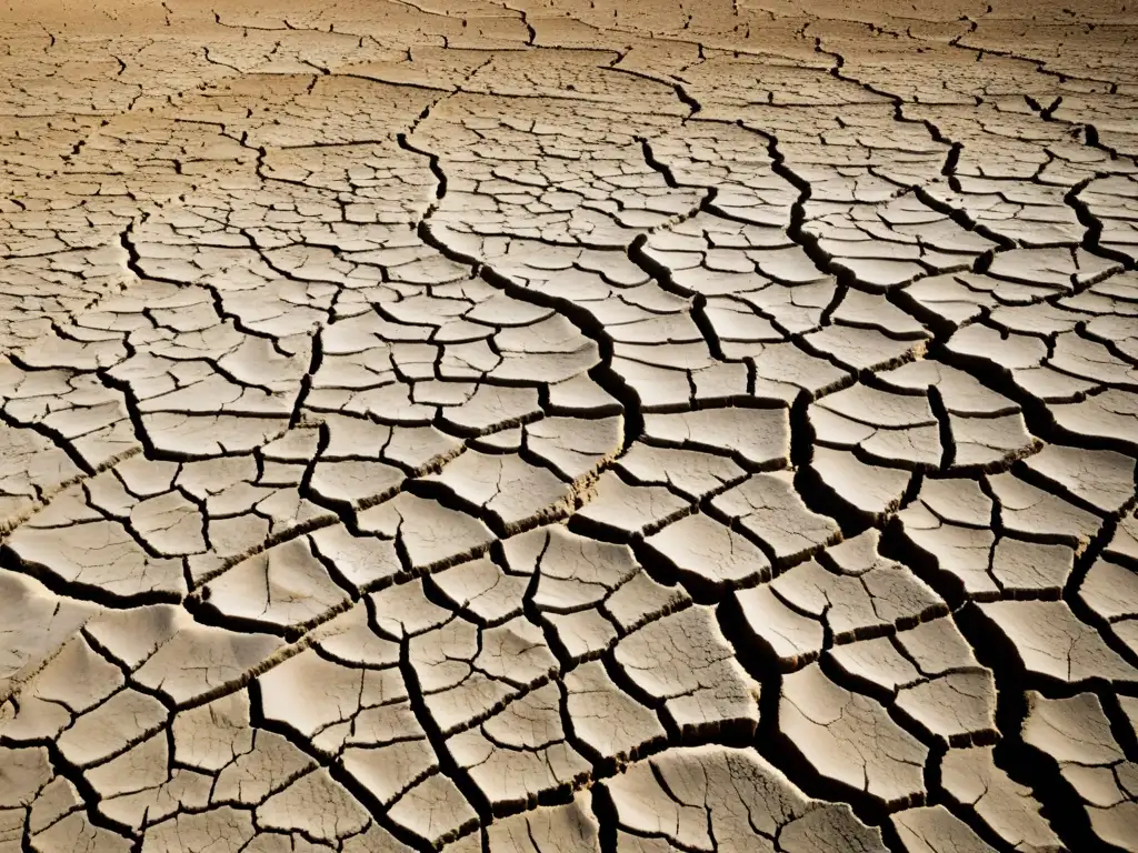 Un paisaje desolado y agrietado ilustra las tensiones internacionales por el agua, mostrando la urgencia y escasez