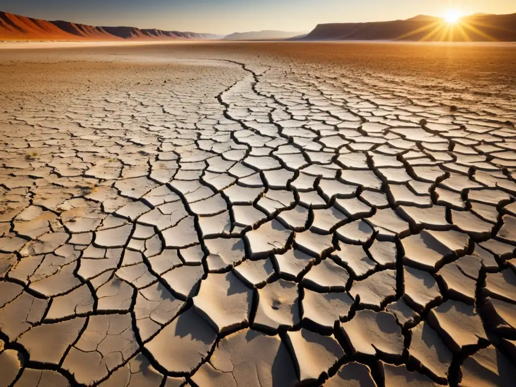 Un paisaje desolado y árido bajo el sol abrasador, reflejo del impacto de conflictos por recursos naturales en el ecosistema