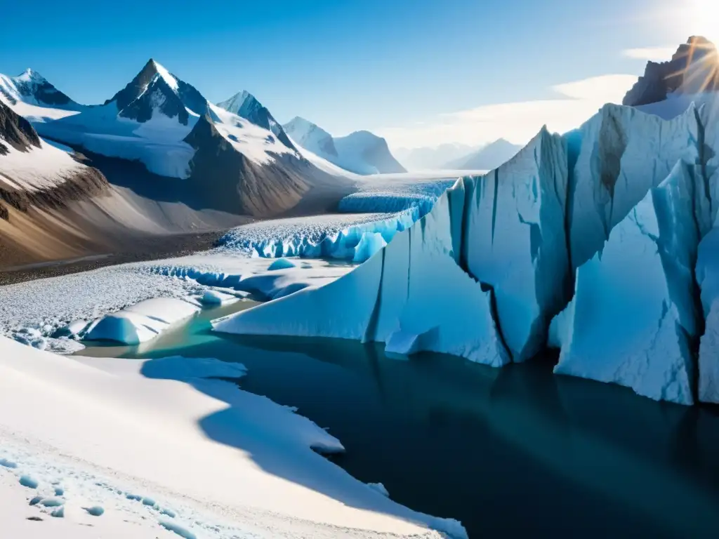 Un paisaje desolado muestra el impacto del cambio climático en un glaciar, con grietas profundas y tonos azules