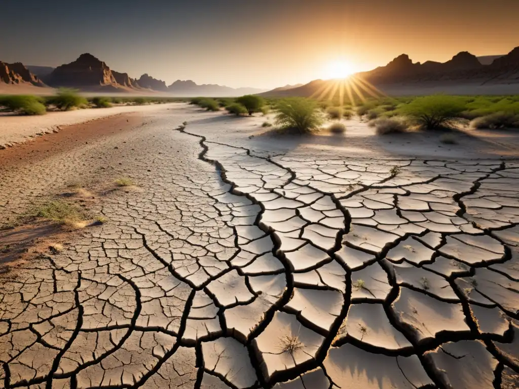 Un paisaje desolado con tierra agrietada y vegetación marchita bajo el sol, mostrando el impacto del cambio climático en ecosistemas