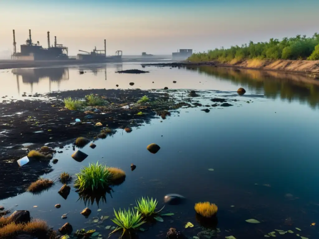 Un paisaje desolador de agua contaminada y estancada con basura flotante