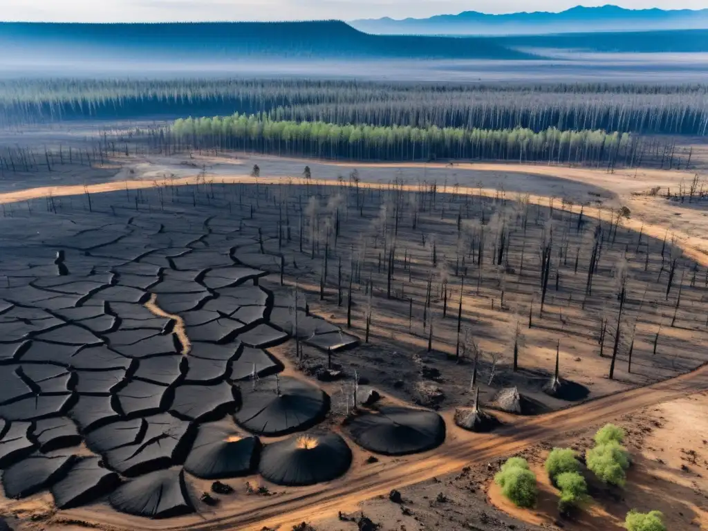 Un paisaje desolador de deforestación con restos carbonizados y tierra estéril