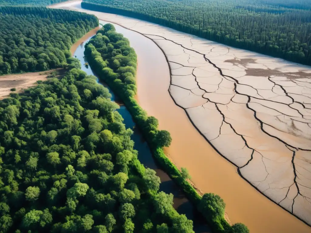 Un paisaje desolador de tierras deforestadas y ríos secos, reflejando el desafío comunicativo del cambio climático