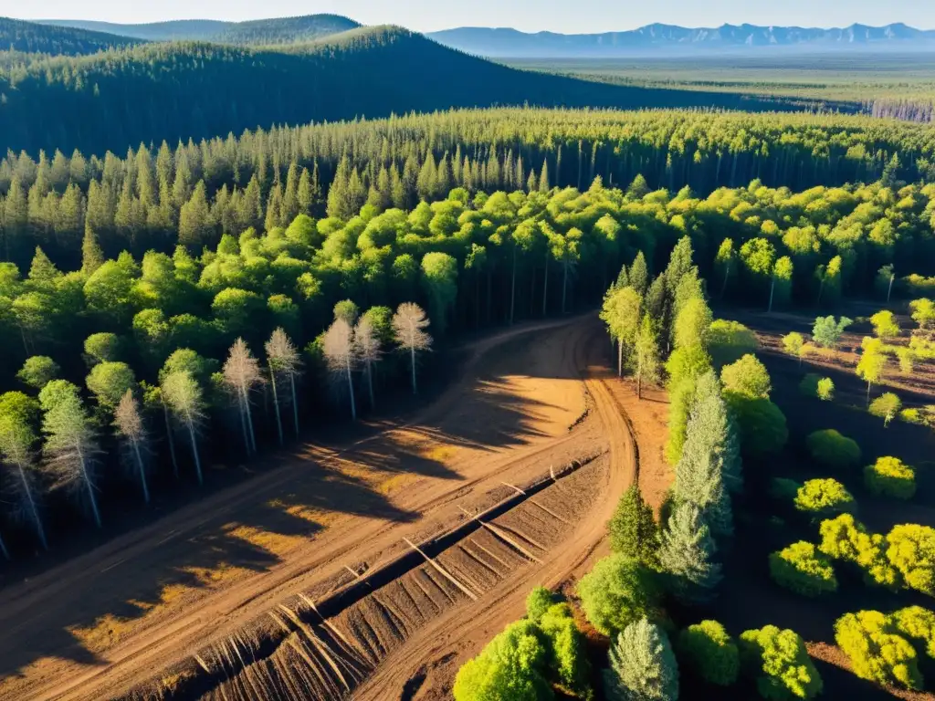 Un paisaje devastado por la deforestación, con troncos de árboles, suelo estéril y signos de actividad humana