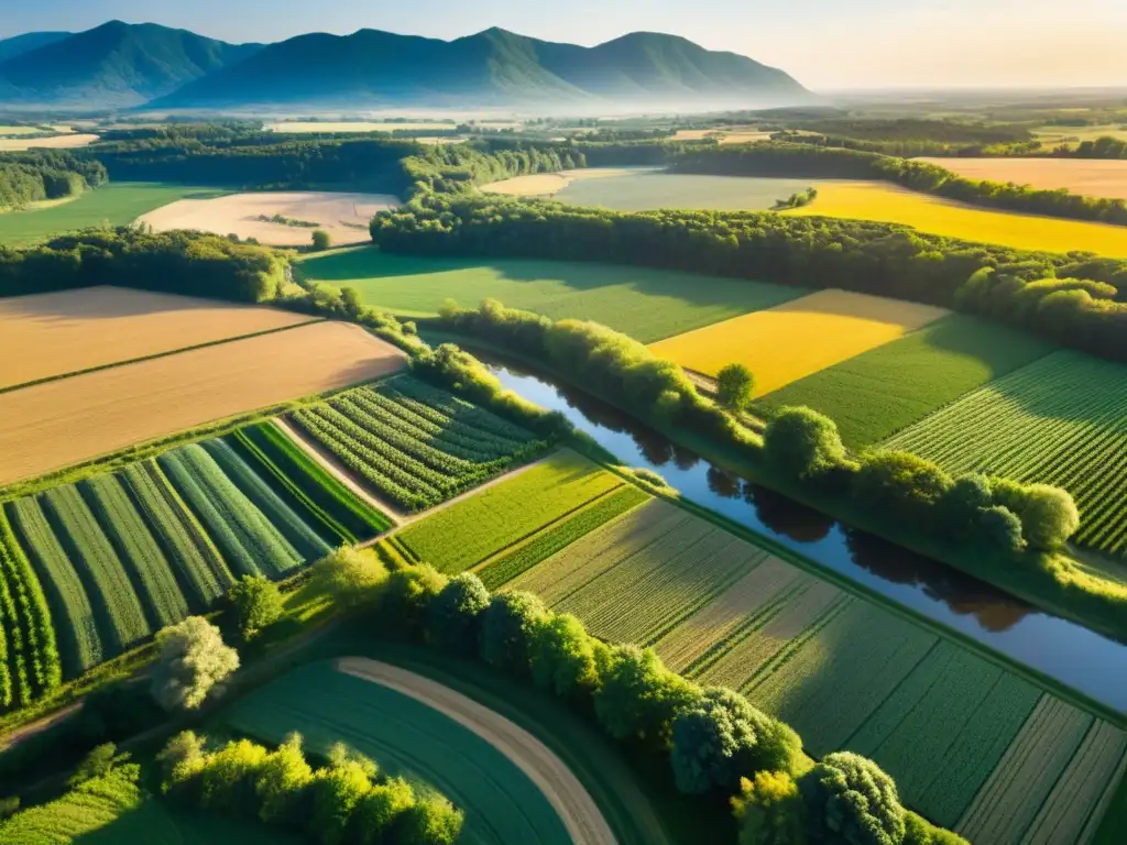 Un paisaje agrícola diverso y vibrante, bañado por el sol con campos exuberantes y ríos serpenteantes