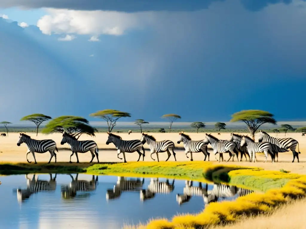 Un paisaje dorado de la sabana africana con cebras reunidas en un abrevadero