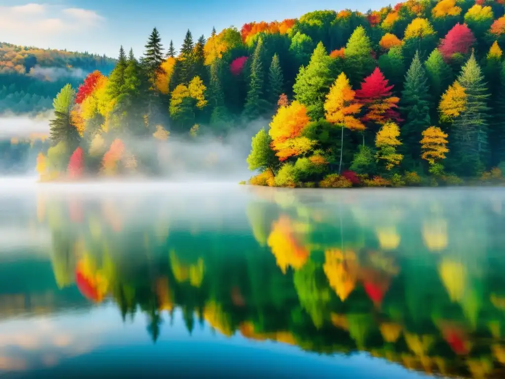 Un paisaje encantador de un lago en otoño, rodeado de naturaleza vibrante y reflejando los colores de las hojas cambiantes