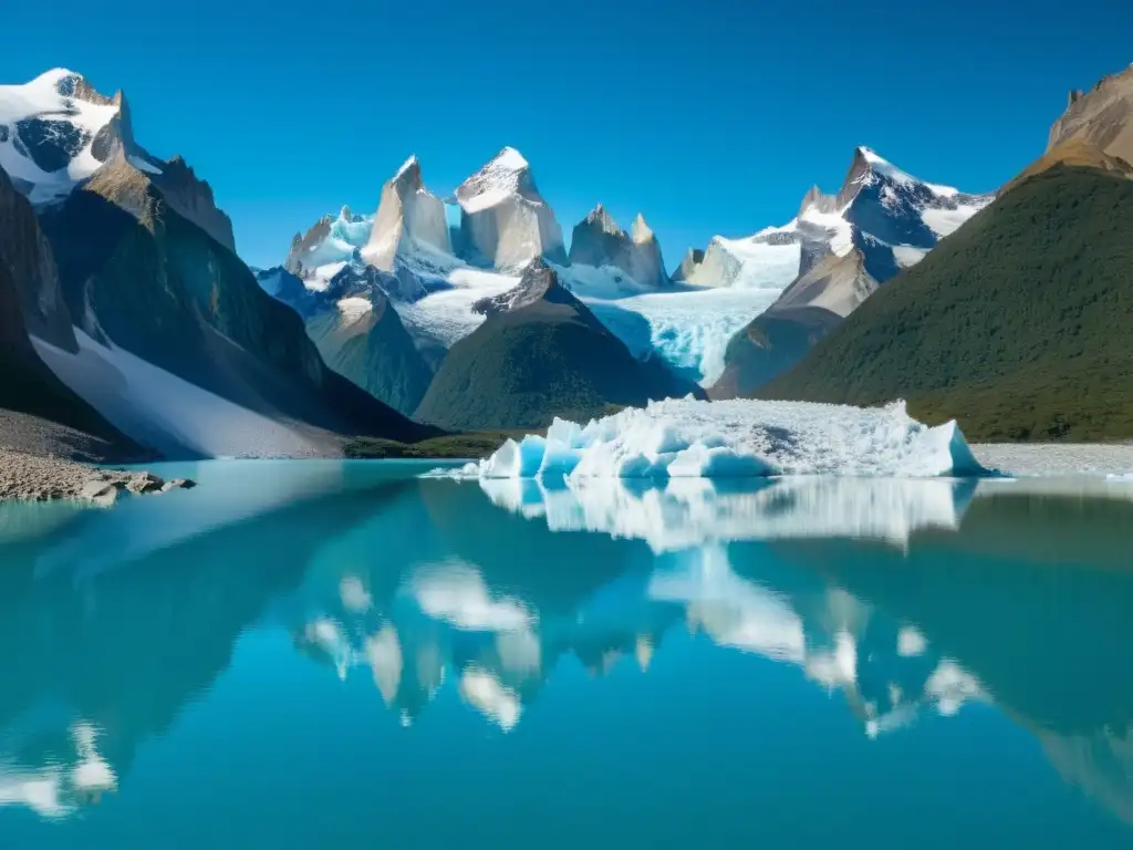 Un paisaje de ensueño en la Patagonia, con una laguna glacial serena y picos nevados