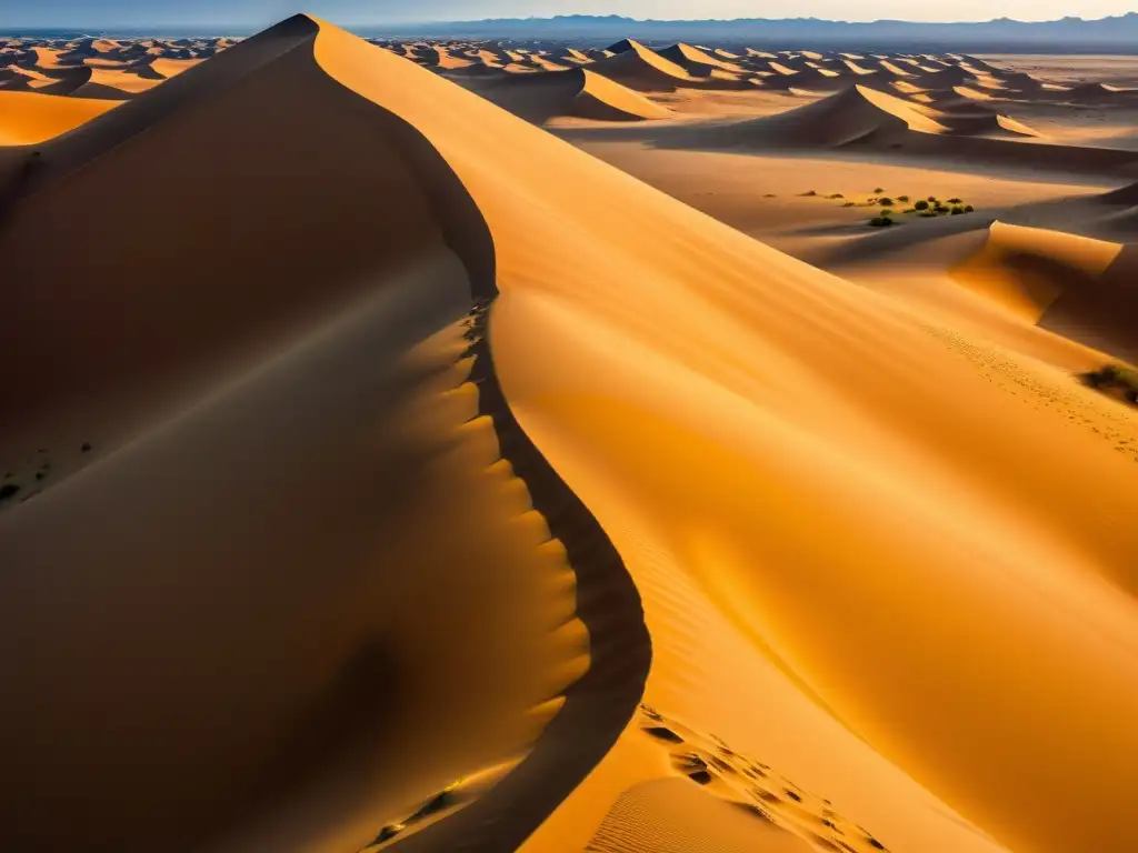 Un paisaje épico de las dunas del Sahara en 8K, ilustrando la evolución de los ecosistemas desérticos a lo largo de milenios