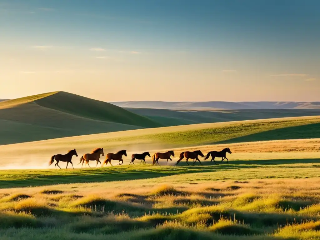 Un paisaje de estepas con caballos salvajes pastando mientras un fotógrafo captura la belleza natural