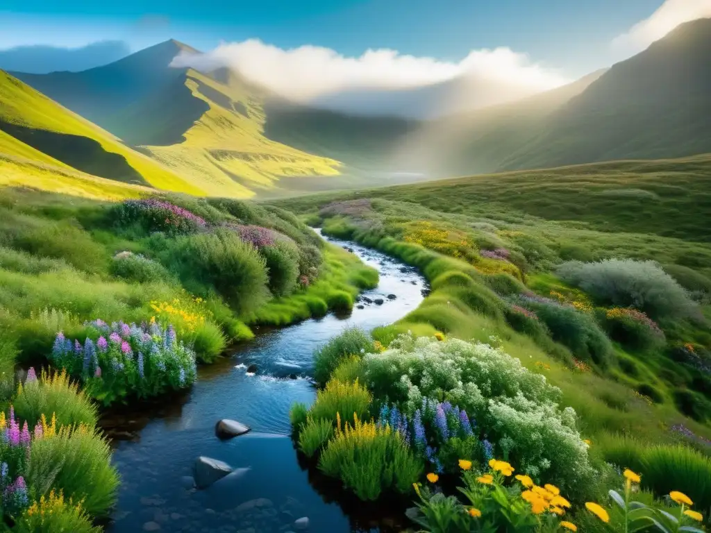 Un paisaje etéreo de páramo, con colinas verdes, flores silvestres y arroyo, amenazado por el cambio climático