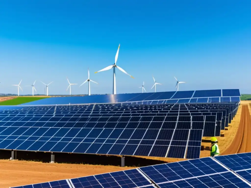 Un paisaje expansivo de una bulliciosa granja solar, con paneles relucientes bajo un cielo azul