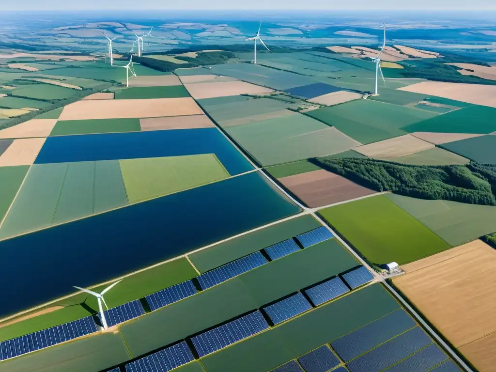 Un paisaje expansivo de energía renovable, con molinos de viento y paneles solares formando un patrón geométrico impactante bajo un cielo azul