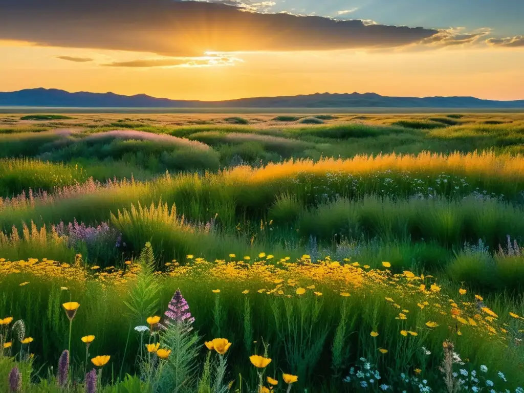 Un paisaje expansivo de pradera con plantas adaptadas a la vida en las praderas, muestra diversidad y belleza natural