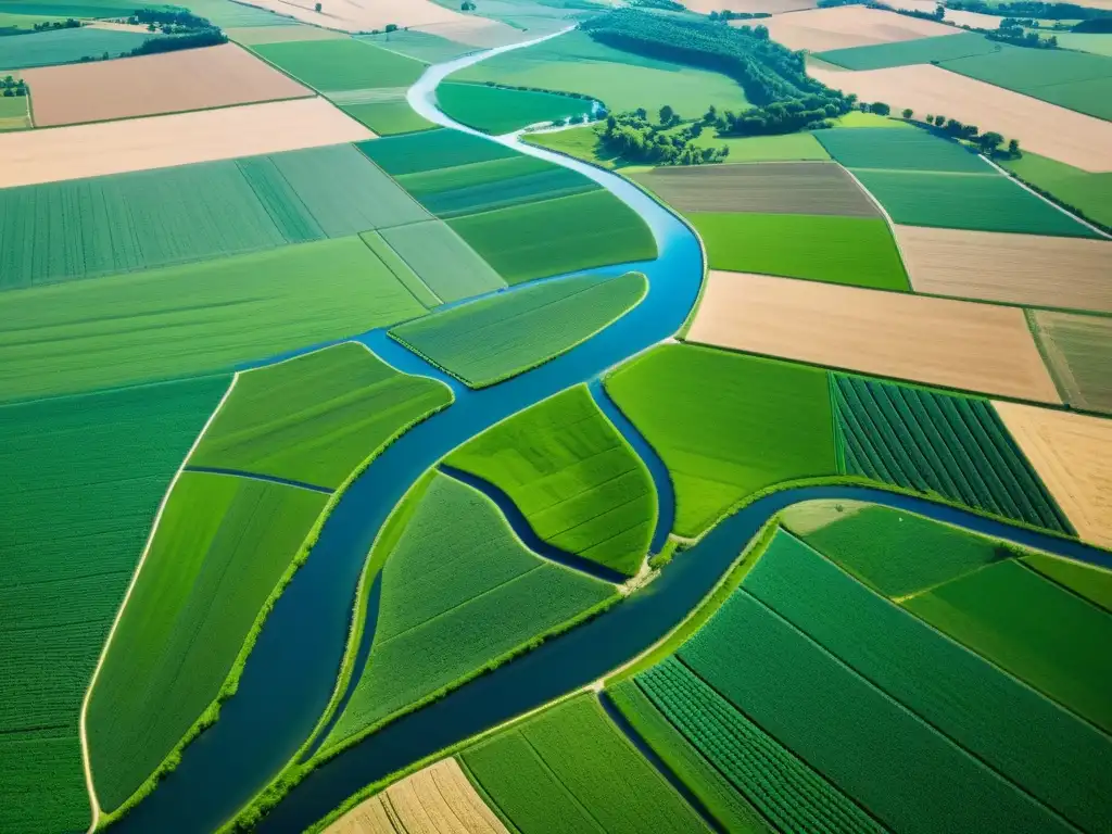 Un paisaje agrícola extenso con campos verdes vibrantes y ríos serpenteantes