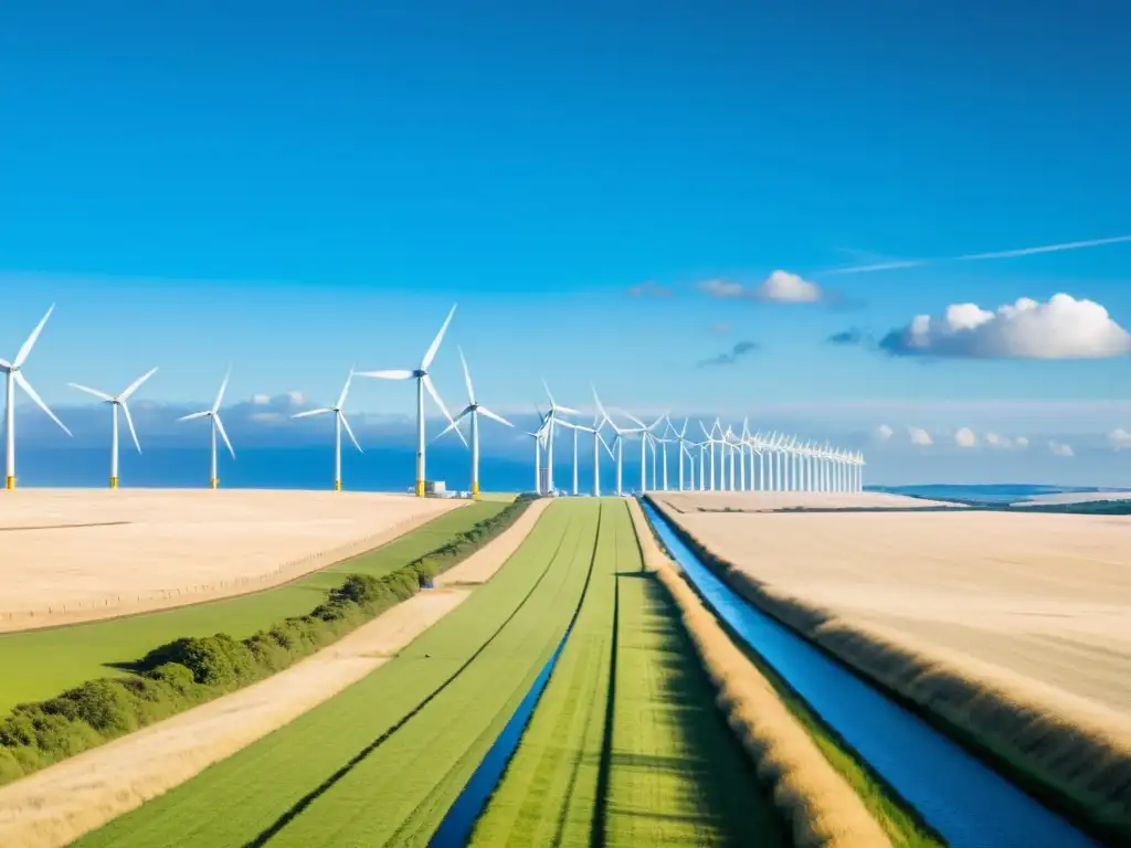 Un paisaje extenso y soleado con un parque eólico que se extiende en el horizonte